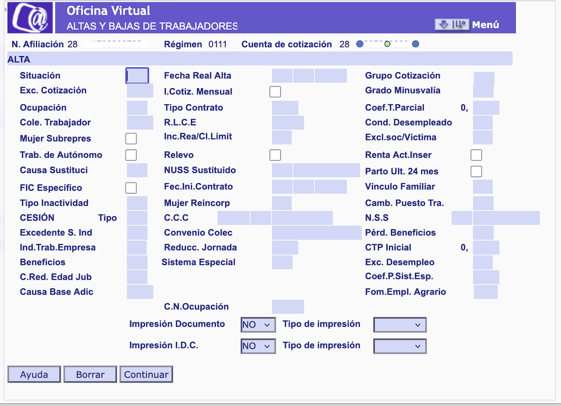 Menú de opciones del alta