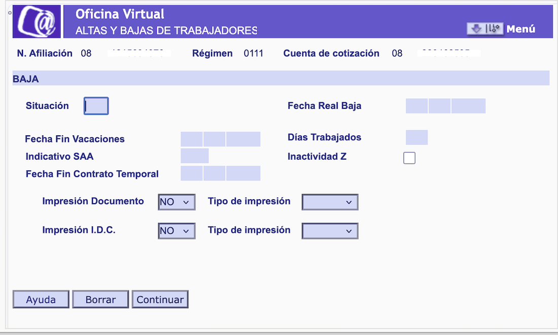 Formulario de baja en Altas y Bajas de Trabajadores