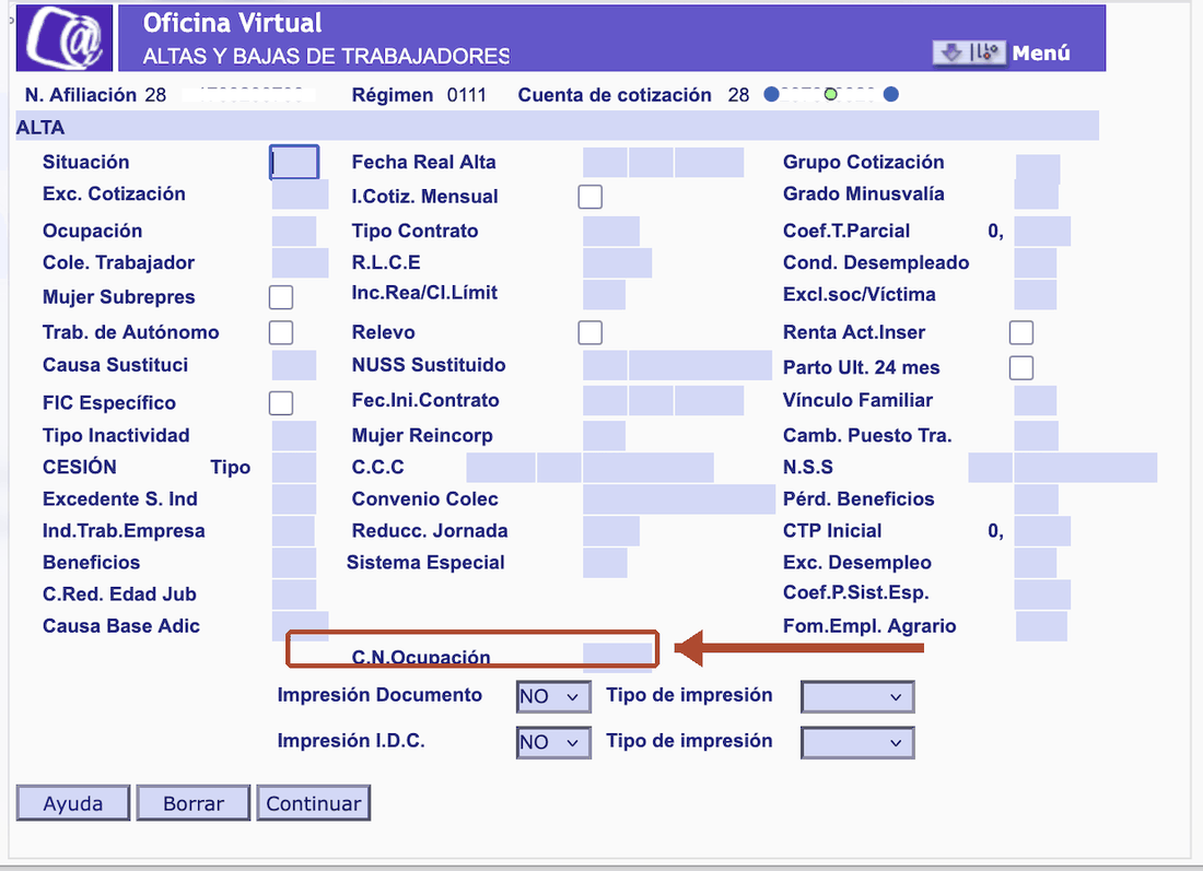 Tabla T-90 de ocupaciones C.N.O. en el alta — Sistema RED, paso 1 de 1