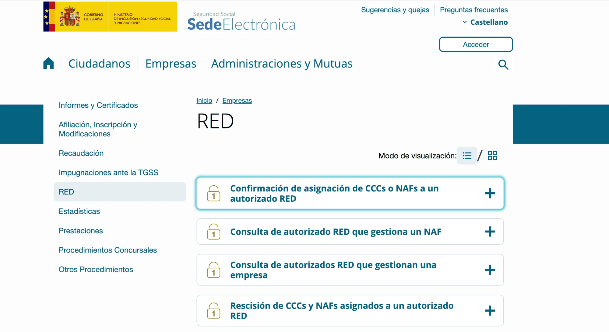 Confirmar CCC o NAF: la autorización RED, paso a paso en la Sede Electrónica — Sistema RED, paso 1 de 1
