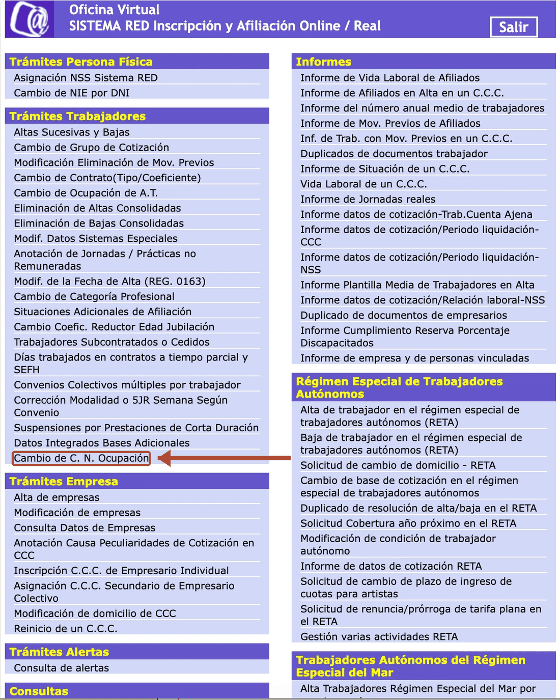 Variación de C.N. Ocupación — Sistema RED, paso 1 de 3